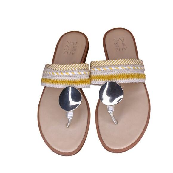Naturalizer Frankie Thong Sandal Flip Flop Metal Medallion Woven 8M - Picture 2 of 4